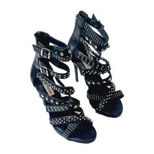 Steve Madden Womens Black Embellished Whimsigoth Moto Heels Size 8